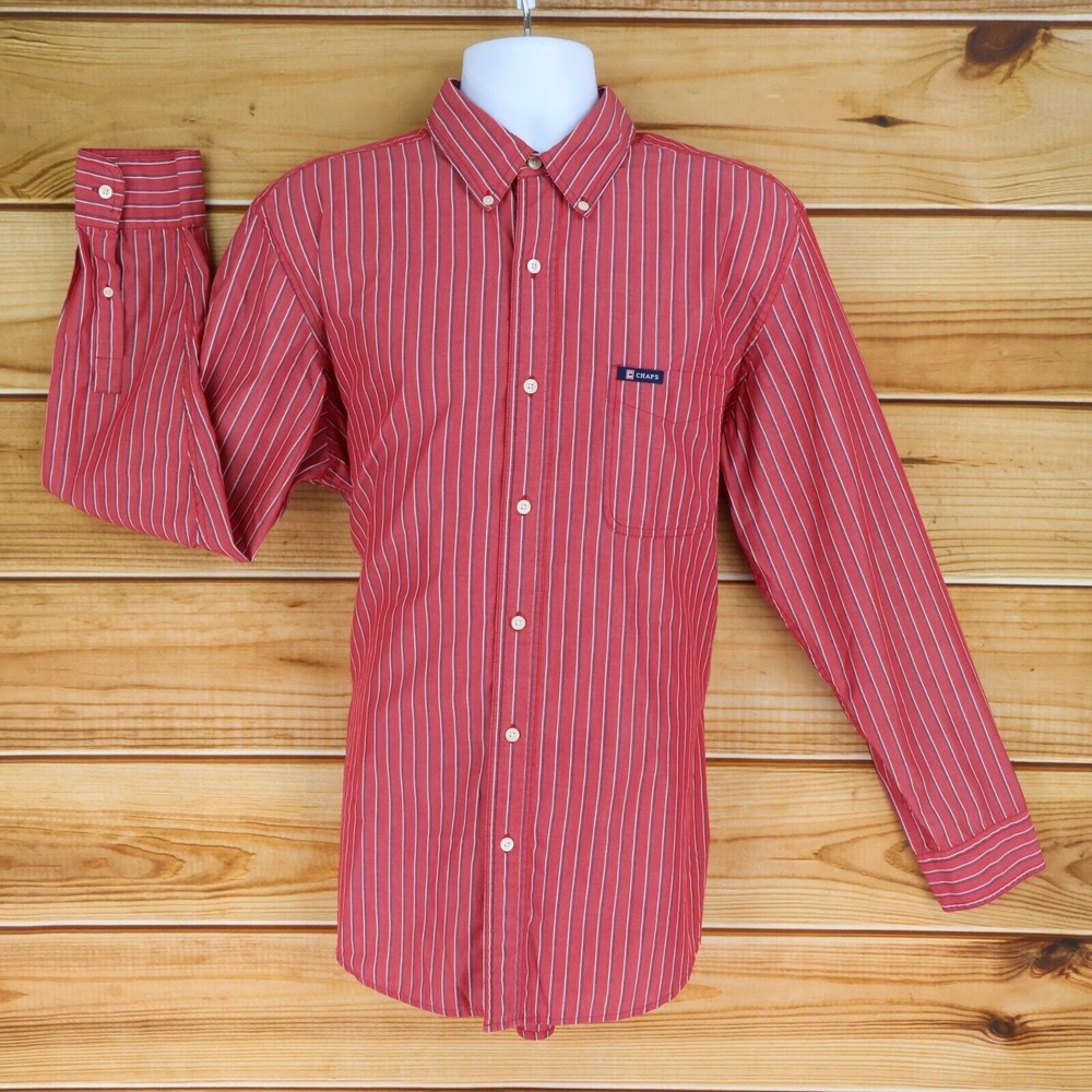 Chaps Dress Shirt Mens‎ L Red Striped Cotton Blend Easy Care Button Down Collar